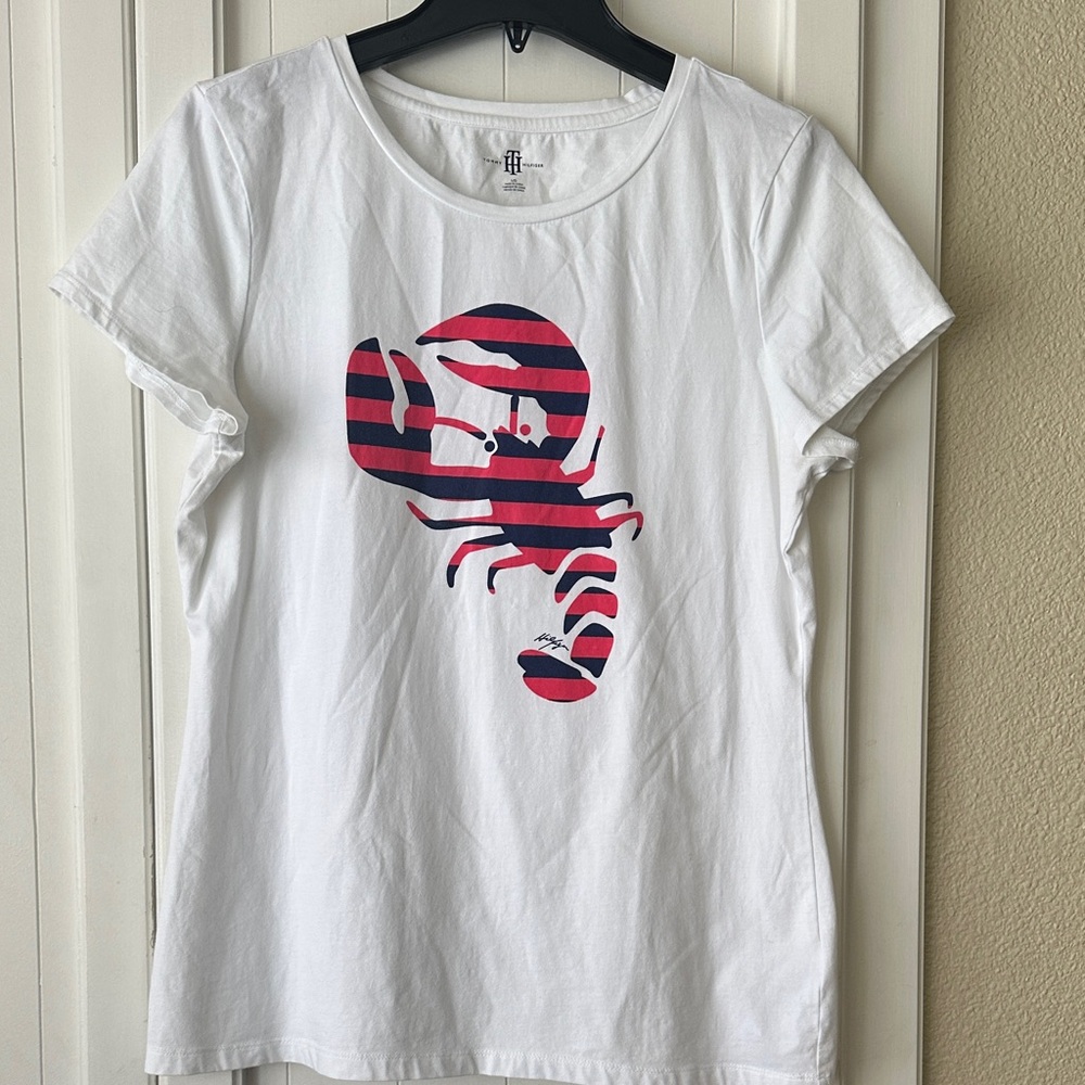 Tommy Hilfiger White T-Shirt with Navy and Pink Lobster 😁